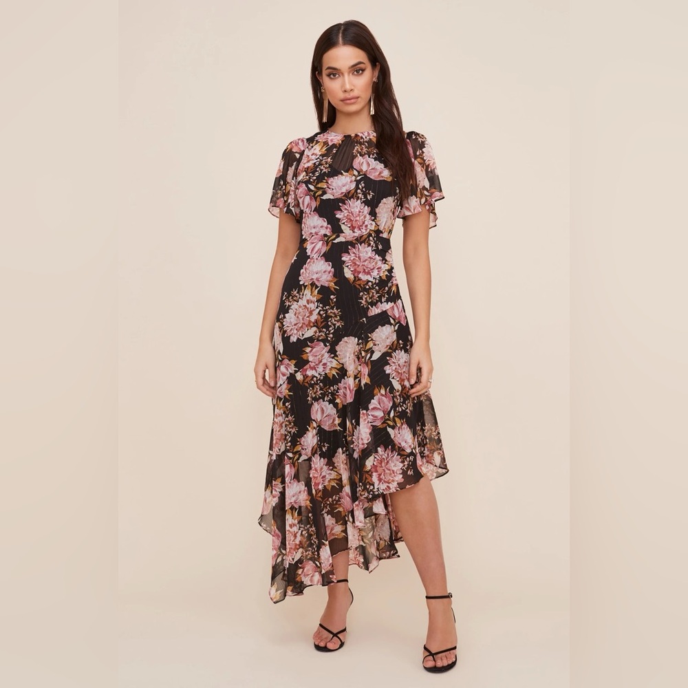 Astr Floral Black and Pink Midi Dress